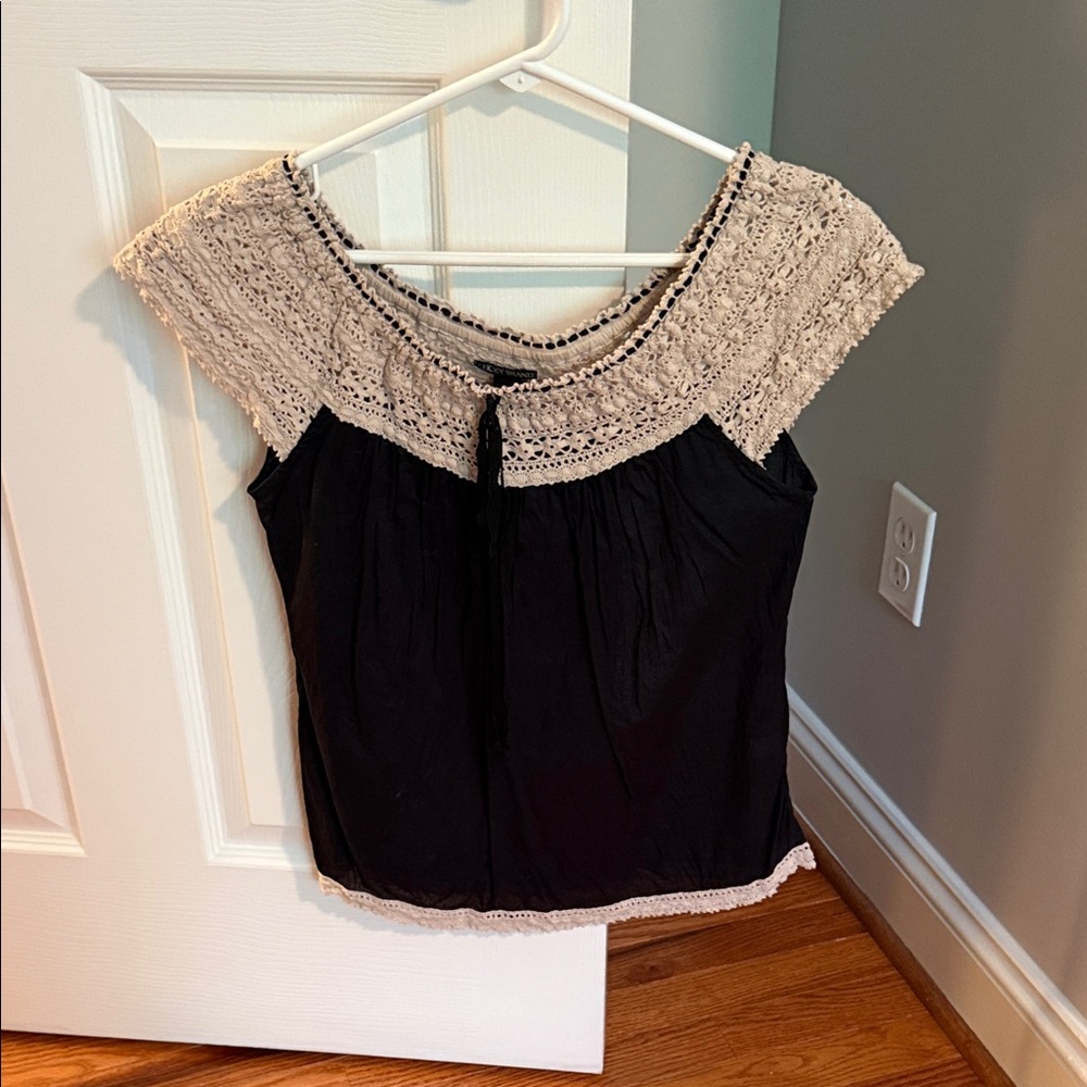 Lucky Brand Black and Cream Crochet Blouse
